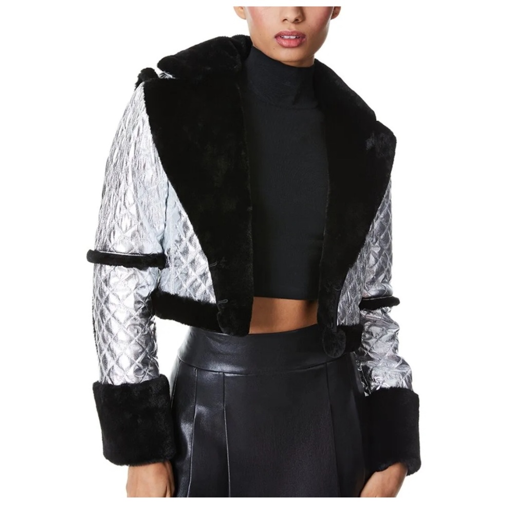 NWT Alice + Olivia Luisiana Quilted Metallic Vegan Leather Crop Jacket